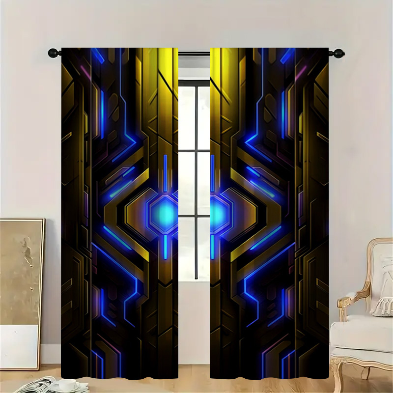 Office Tech For Home - 2pcs Geometric Tech Curtains with Rod